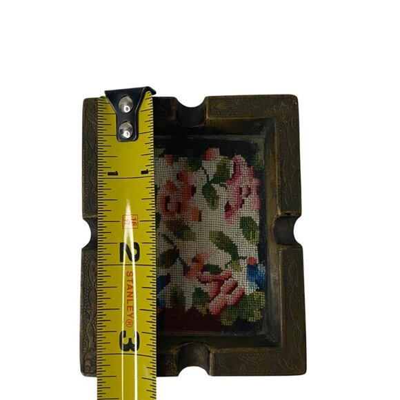 Vintage Miniature Brass Ashtray Floral Petit Point Needlepoint Inlay Victorian - Picture 6 of 7